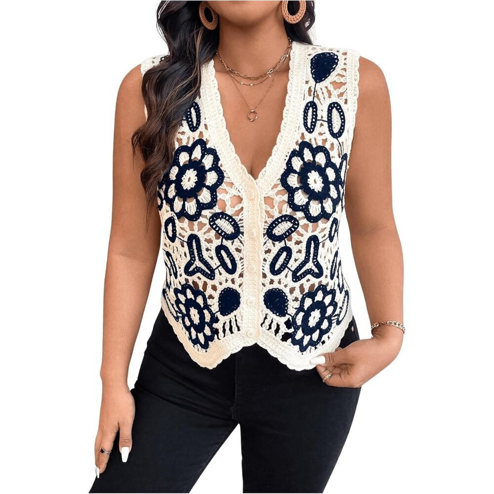 Women's Sleeveless Crocheted Plaid Knit Sweater Vest Button V Neck